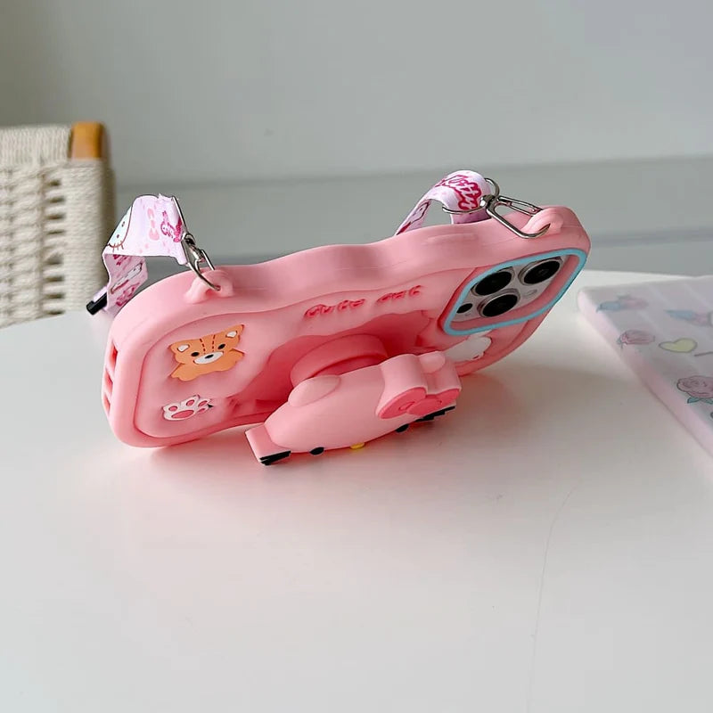 Cartoon Kitty Stand Silicone Phone Case with Shoulder Strap