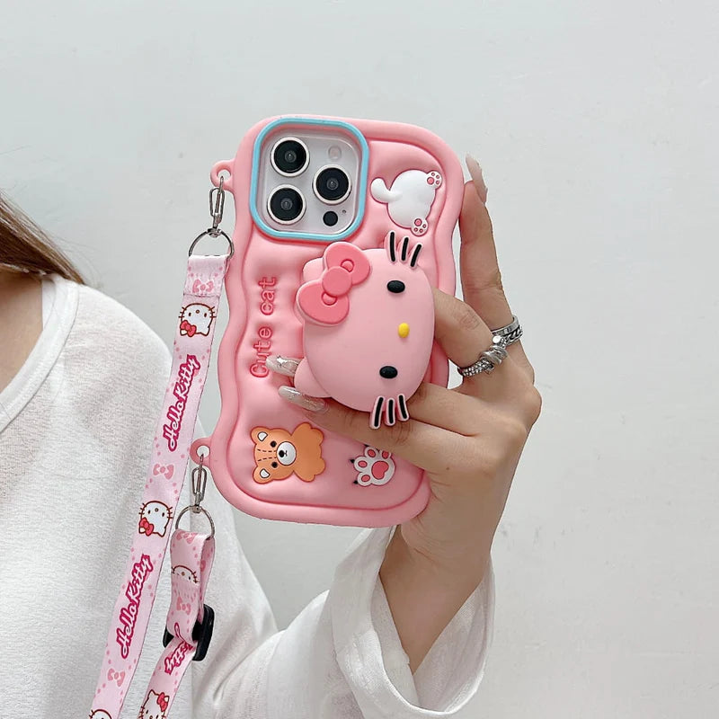 Cartoon Kitty Stand Silicone Phone Case with Shoulder Strap