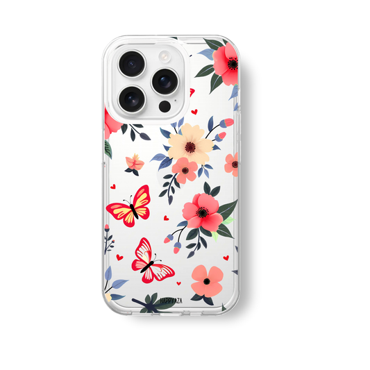 A butterfly is surrounded by flowers Soft Silicone Phone Case