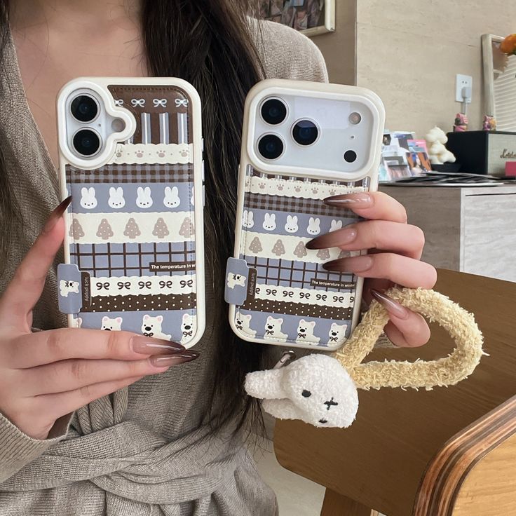 Cute Bunny Pattern Phone Case With Plush Charm Strap
