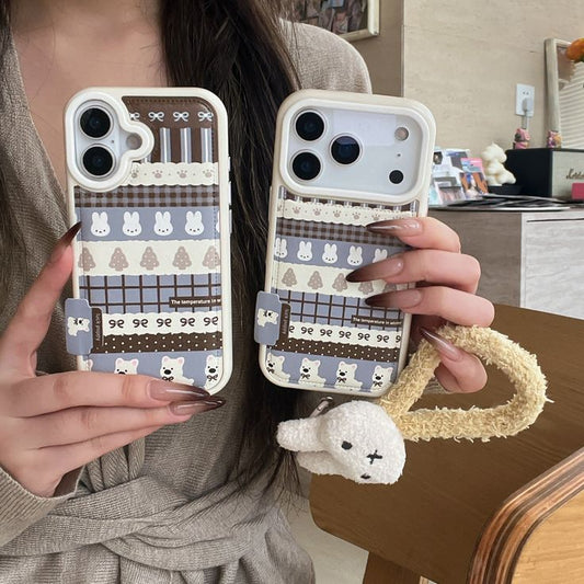 Cute Bunny Pattern Phone Case With Plush Charm Strap