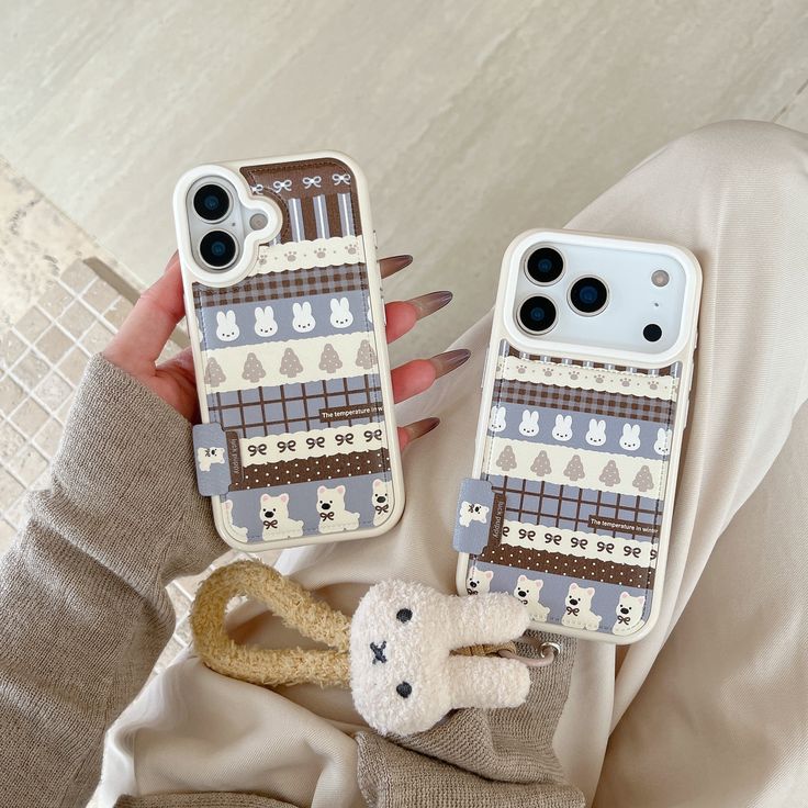 Cute Bunny Pattern Phone Case With Plush Charm Strap