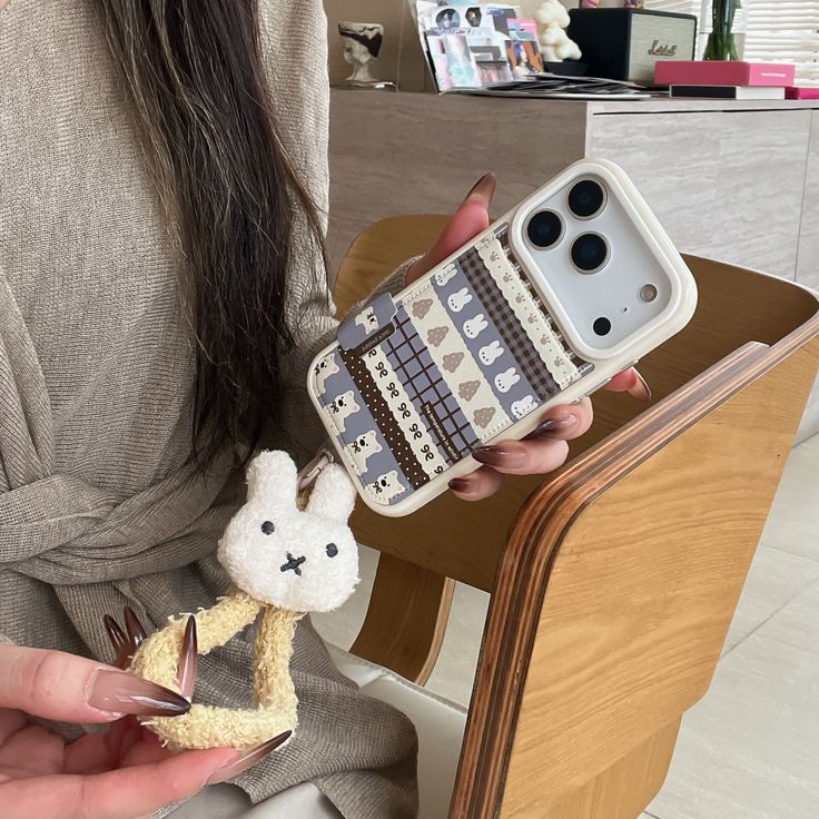 Cute Bunny Pattern Phone Case With Plush Charm Strap