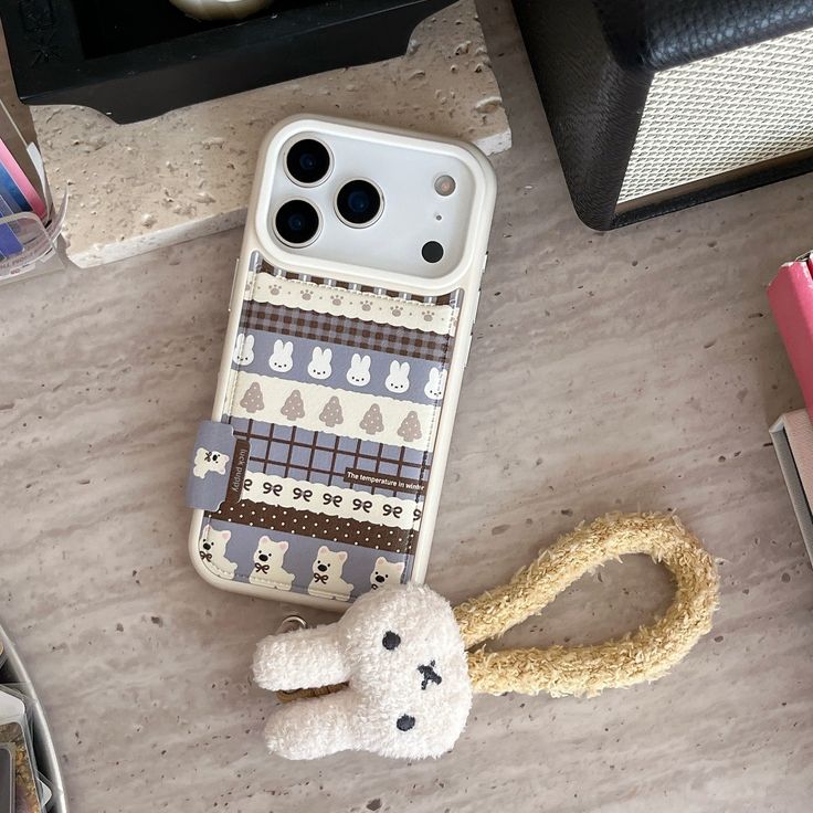 Cute Bunny Pattern Phone Case With Plush Charm Strap