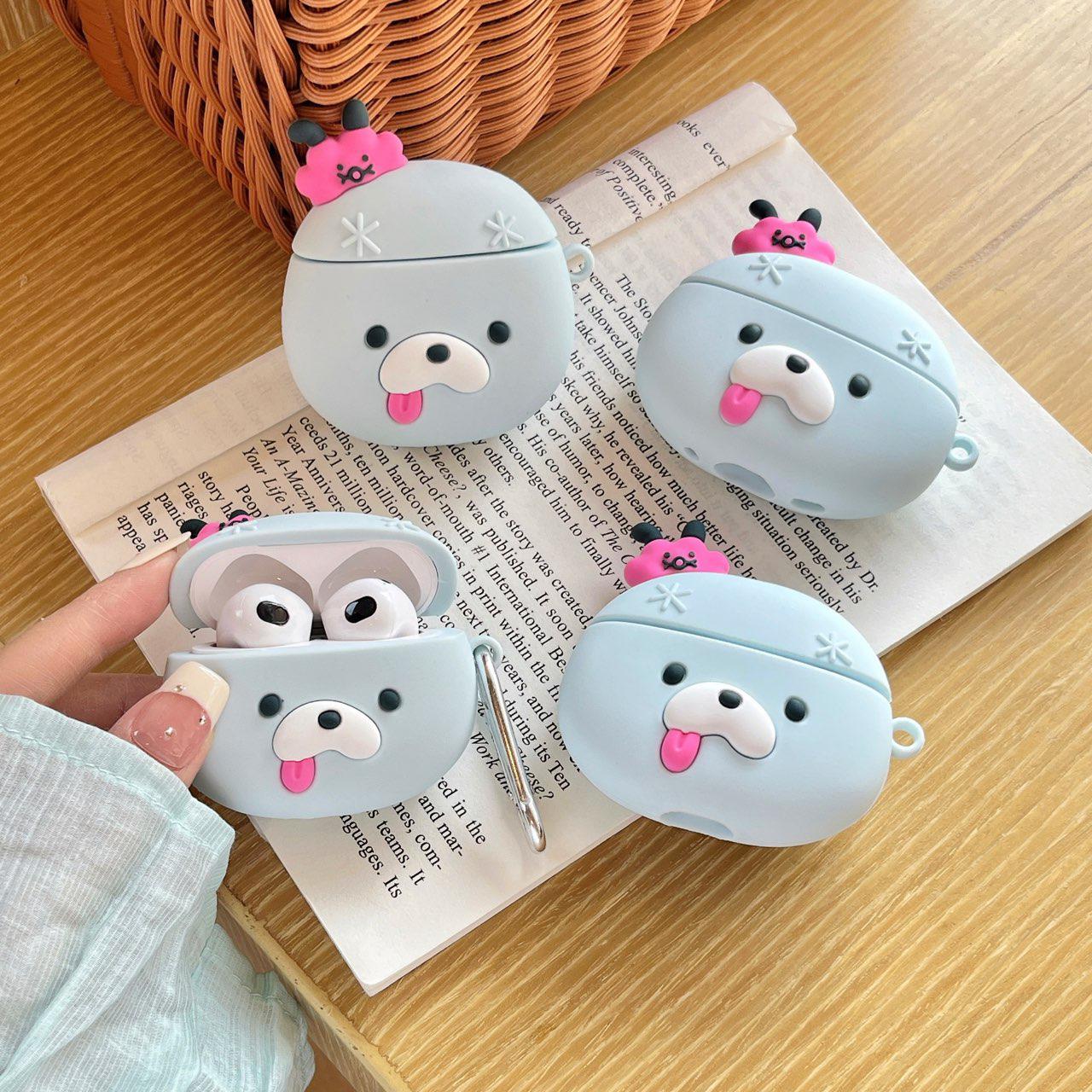 Cute Dog AirPods Case with Pink Bunny Hat