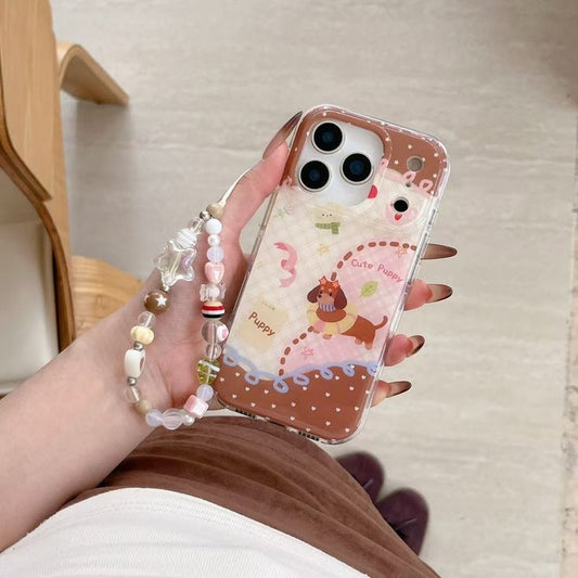 Puppy-Themed Phone Case Pastel Café-core With A Beaded Charm Strap