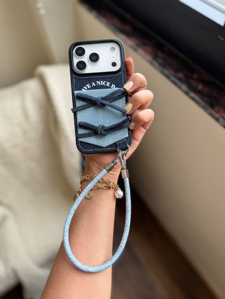 Denim Bow Phone Case With Matching Wrist Strap