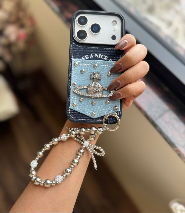 Denim Pearl Phone Case With Silver Beaded Charm