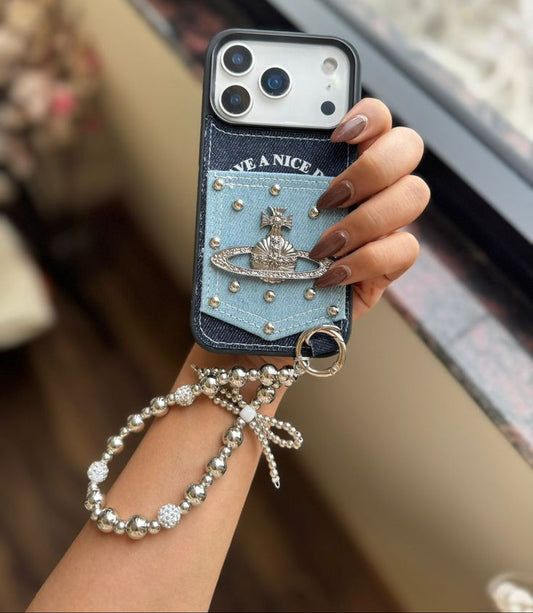 Denim Pearl Phone Case With Silver Beaded Charm