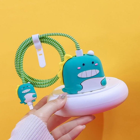 Cute Cartoon Series Fast Charger Protector for iPhone (Teal Green Dinosaur)
