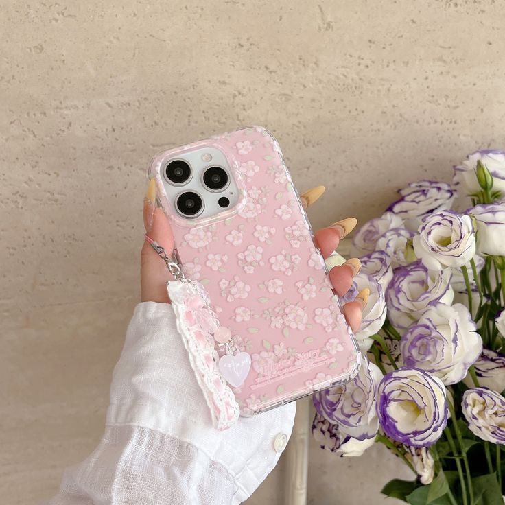 Floral Pink Soft Silicone Phone Case with Lace & Bead Charm