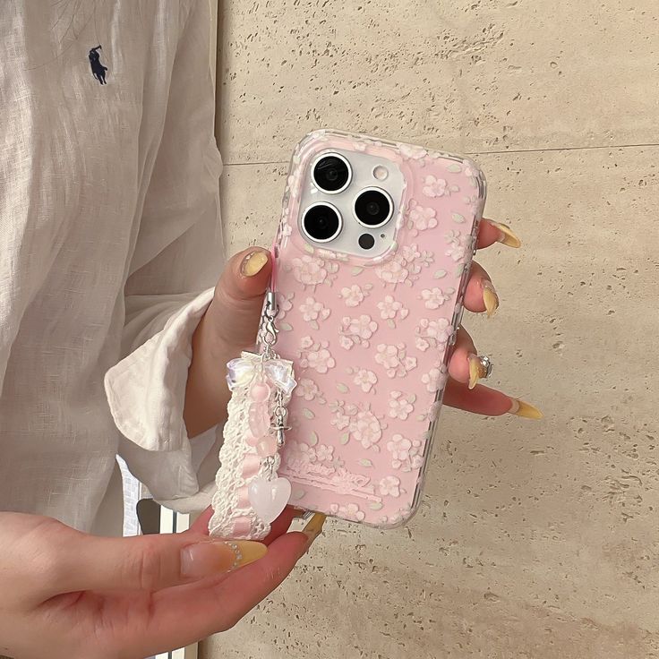 Floral Pink Soft Silicone Phone Case with Lace & Bead Charm