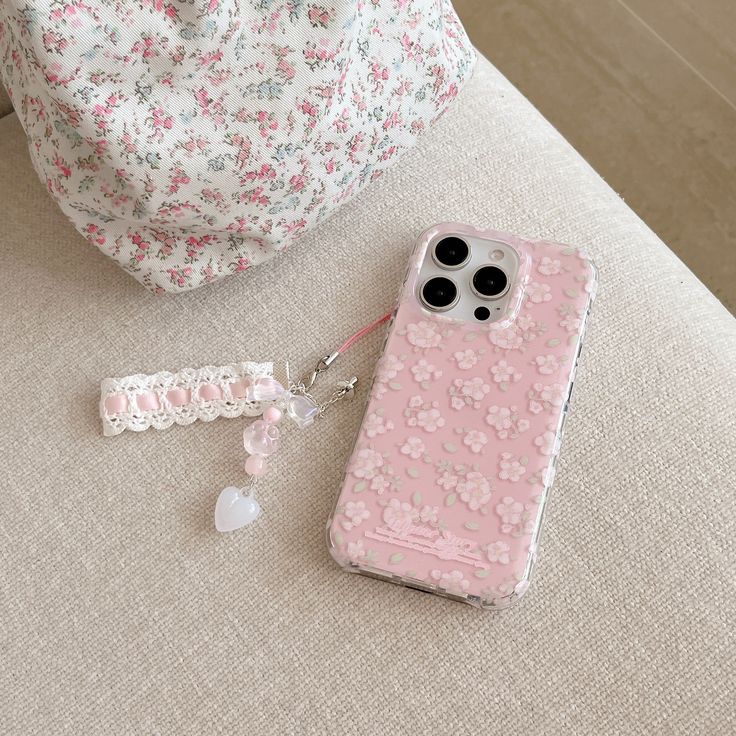 Floral Pink Soft Silicone Phone Case with Lace & Bead Charm