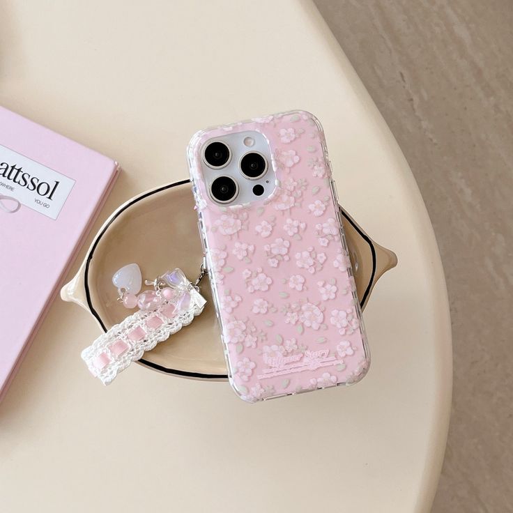 Floral Pink Soft Silicone Phone Case with Lace & Bead Charm