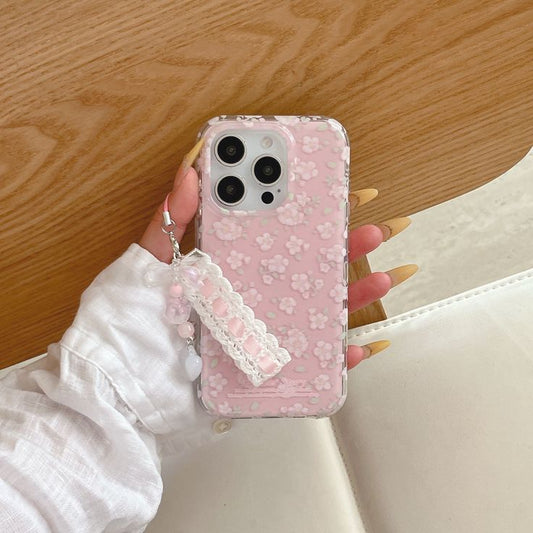 Floral Pink Soft Silicone Phone Case with Lace & Bead Charm