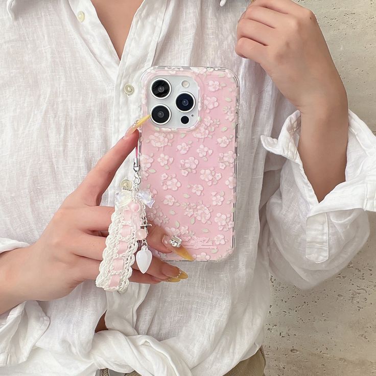Floral Pink Soft Silicone Phone Case with Lace & Bead Charm