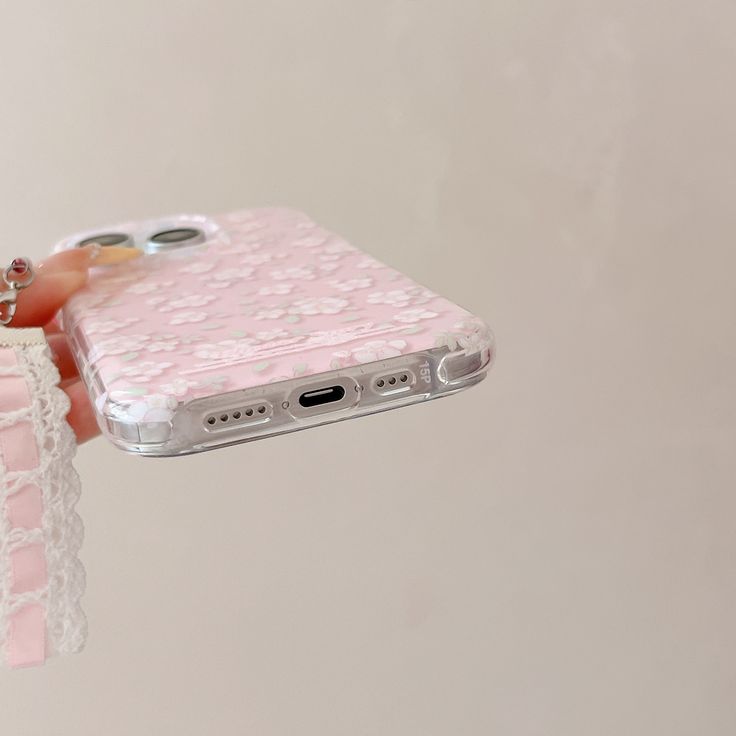 Floral Pink Soft Silicone Phone Case with Lace & Bead Charm
