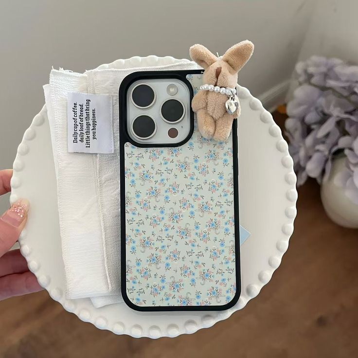 Floral Aesthetic Phone Case With Tiny Bunny Charm