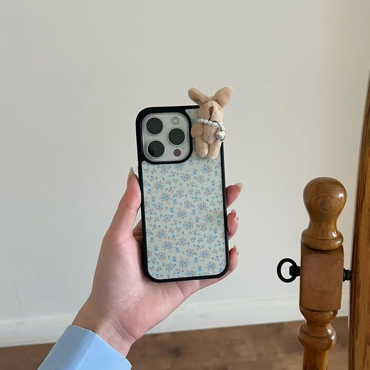 Floral Aesthetic Phone Case With Tiny Bunny Charm