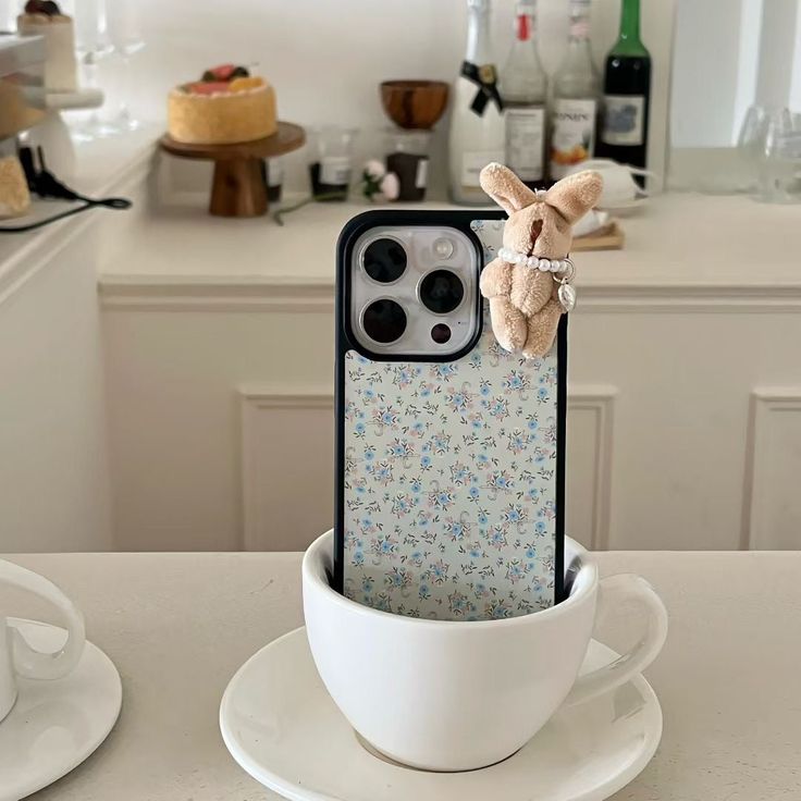 Floral Aesthetic Phone Case With Tiny Bunny Charm