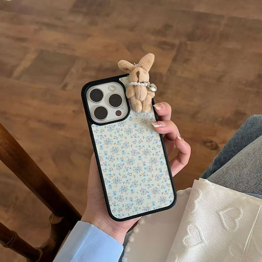Floral Aesthetic Phone Case With Tiny Bunny Charm