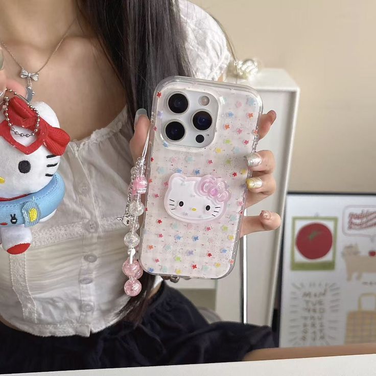 Glitter Pastel Kitty Silicone Phone Case With Beaded Charm