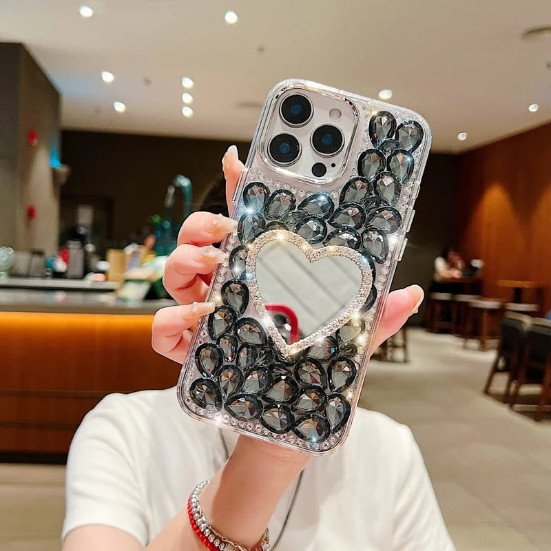 Heart Shaped Makeup Mirror Diamond Phone Case