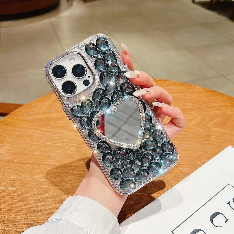 Heart Shaped Makeup Mirror Diamond Phone Case