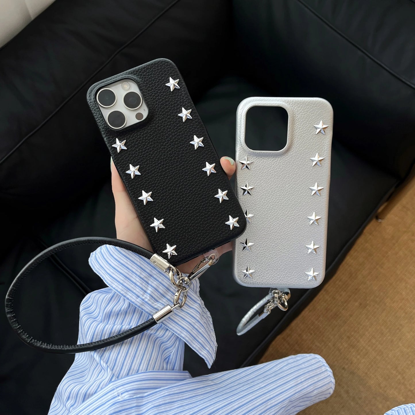 Luxury Studded Leather Phone Case with Detachable Strap