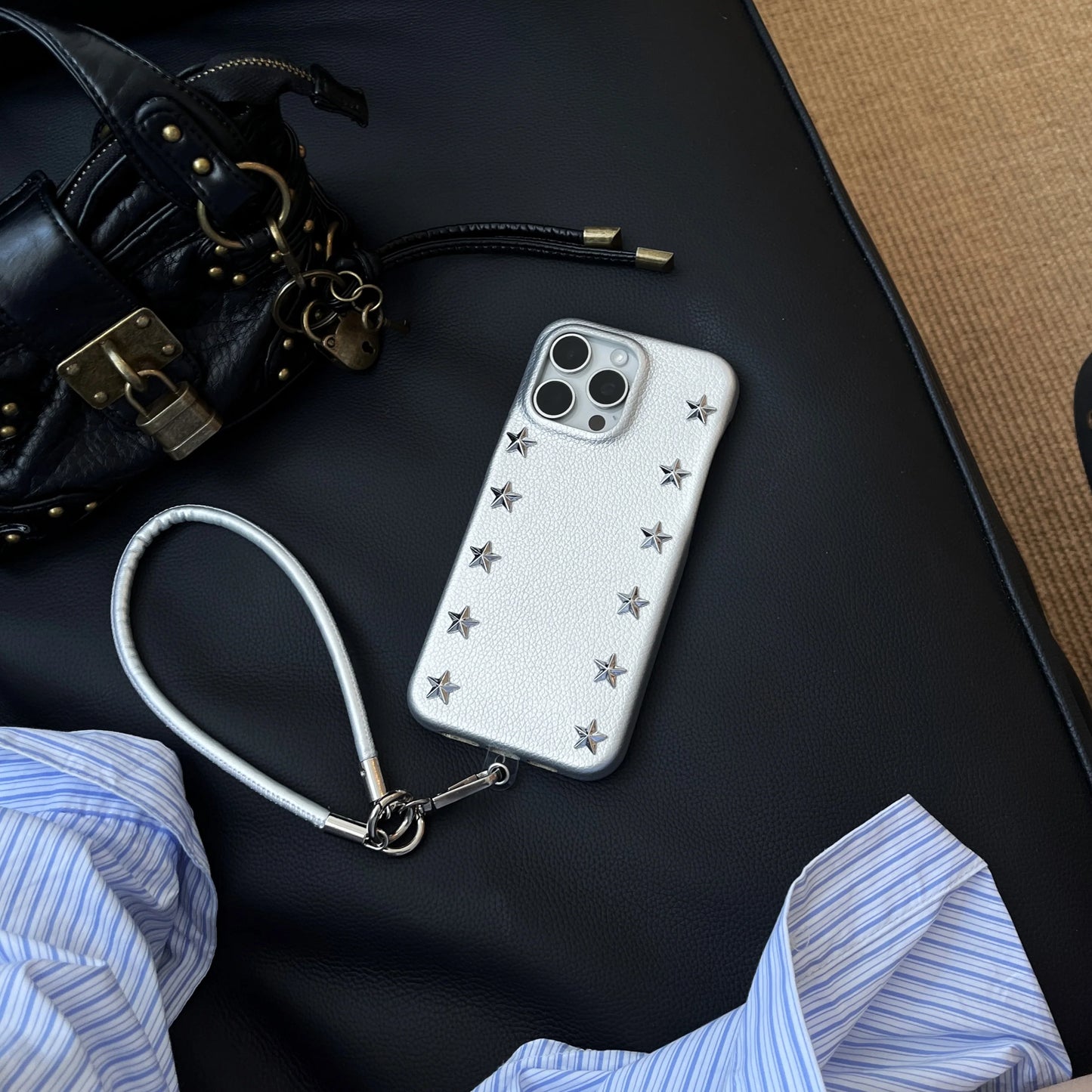 Luxury Studded Leather Phone Case with Detachable Strap