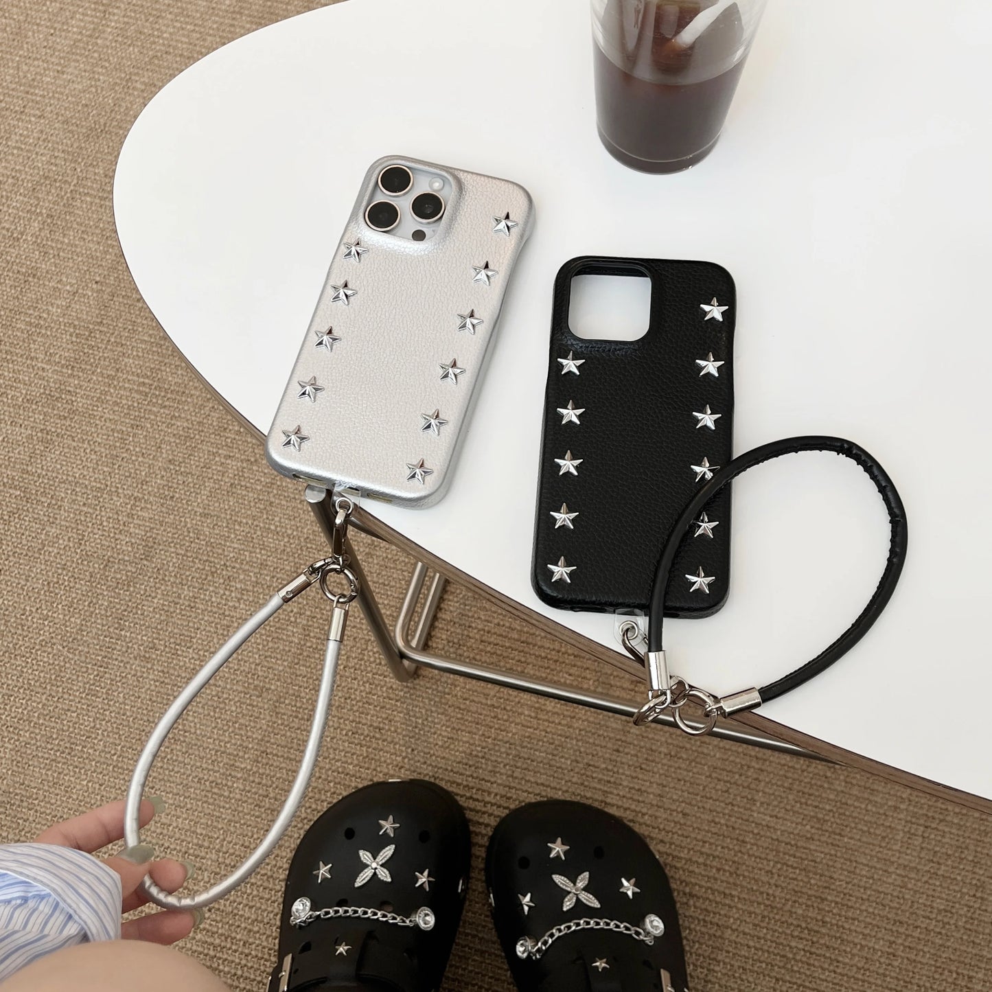 Luxury Studded Leather Phone Case with Detachable Strap