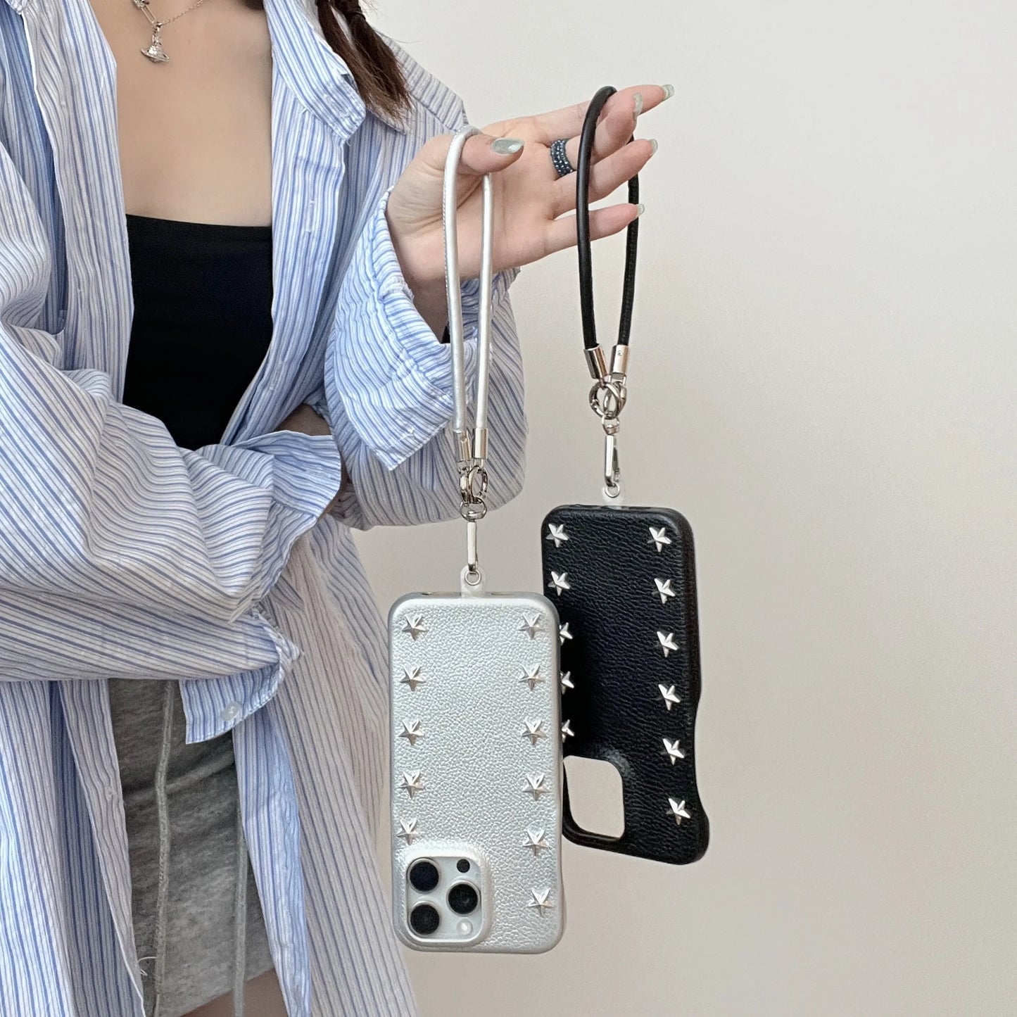 Luxury Studded Leather Phone Case with Detachable Strap