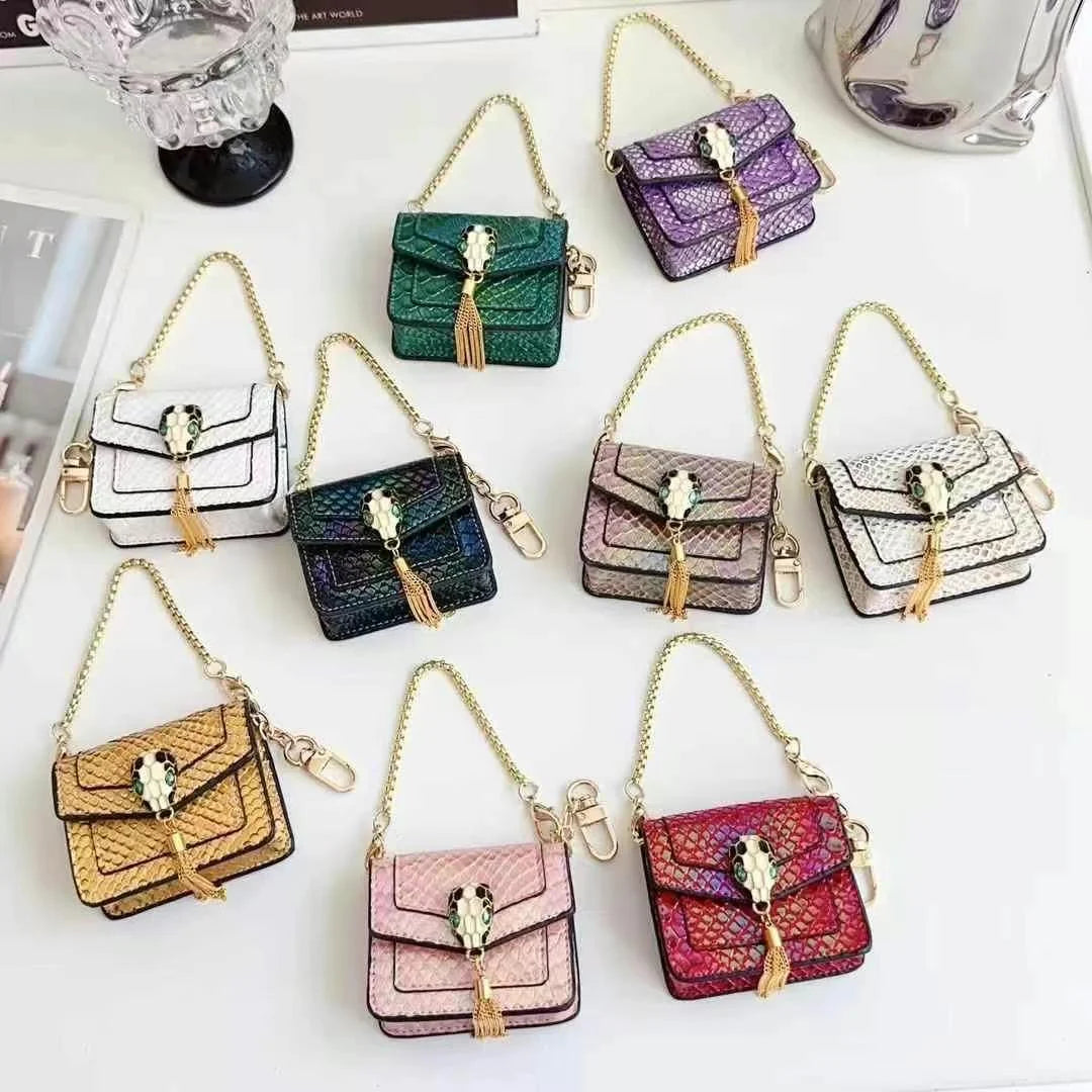 Mini Luxury Bag Style Snake Pattern PU Leather Airpods Case With Tassel & Chain