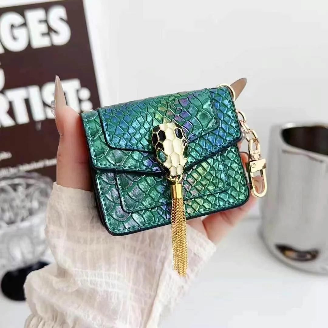 Mini Luxury Bag Style Snake Pattern PU Leather Airpods Case With Tassel & Chain