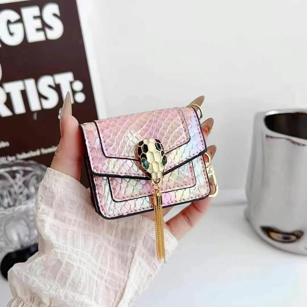 Mini Luxury Bag Style Snake Pattern PU Leather Airpods Case With Tassel & Chain