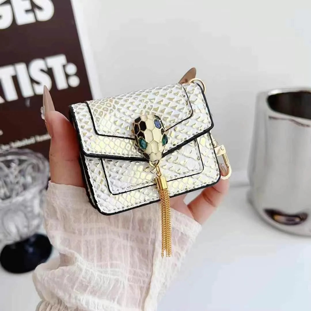 Mini Luxury Bag Style Snake Pattern PU Leather Airpods Case With Tassel & Chain