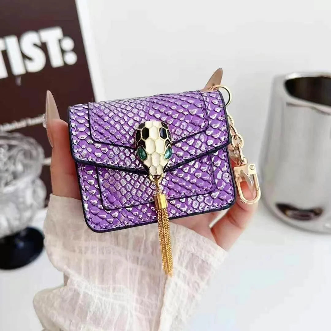Mini Luxury Bag Style Snake Pattern PU Leather Airpods Case With Tassel & Chain