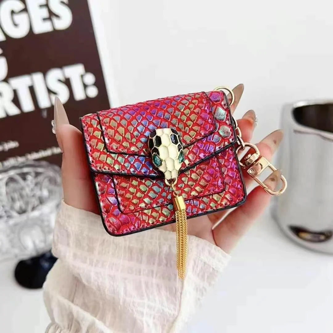 Mini Luxury Bag Style Snake Pattern PU Leather Airpods Case With Tassel & Chain