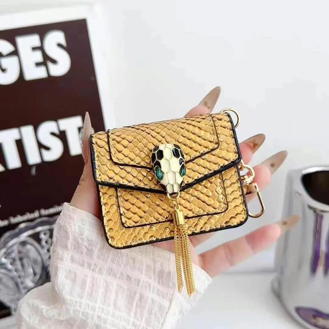 Mini Luxury Bag Style Snake Pattern PU Leather Airpods Case With Tassel & Chain
