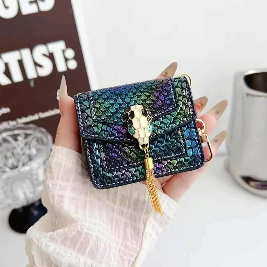 Mini Luxury Bag Style Snake Pattern PU Leather Airpods Case With Tassel & Chain