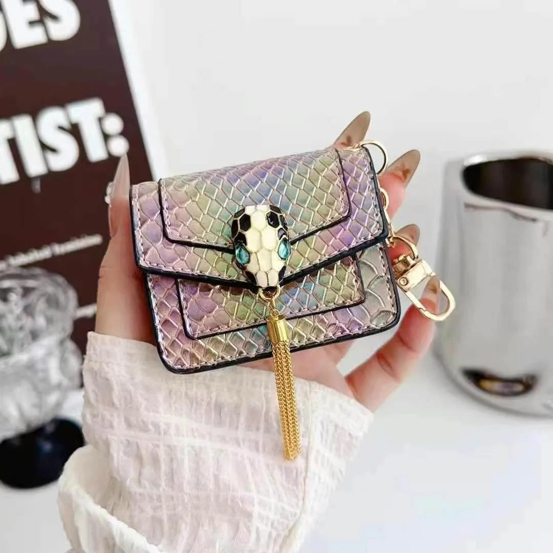 Mini Luxury Bag Style Snake Pattern PU Leather Airpods Case With Tassel & Chain