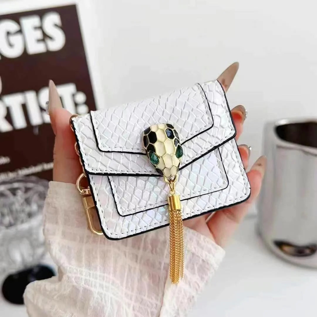 Mini Luxury Bag Style Snake Pattern PU Leather Airpods Case With Tassel & Chain