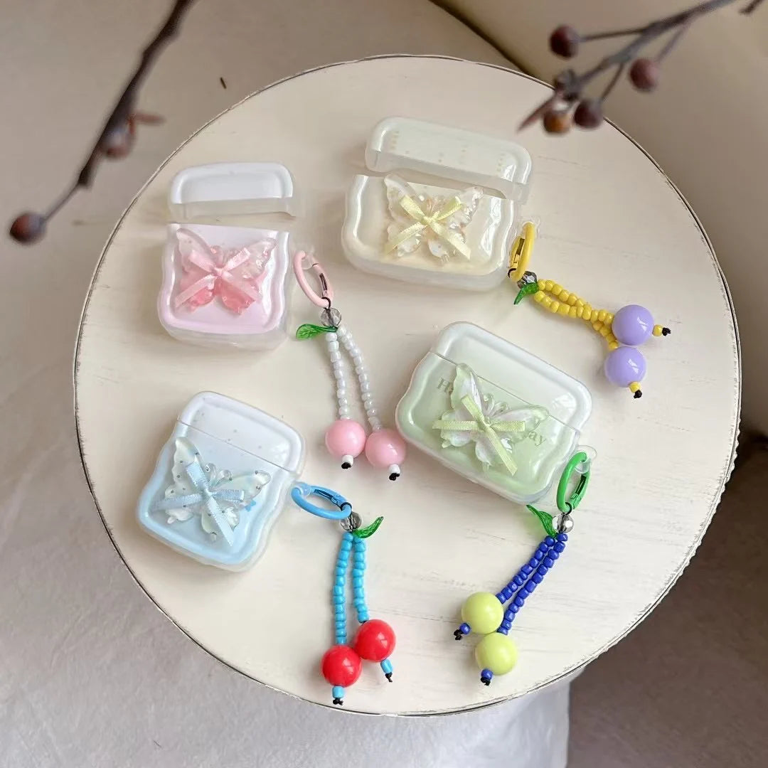 Aesthertic Butterfly AirPods Case With Cute Beaded Cherry Keychain