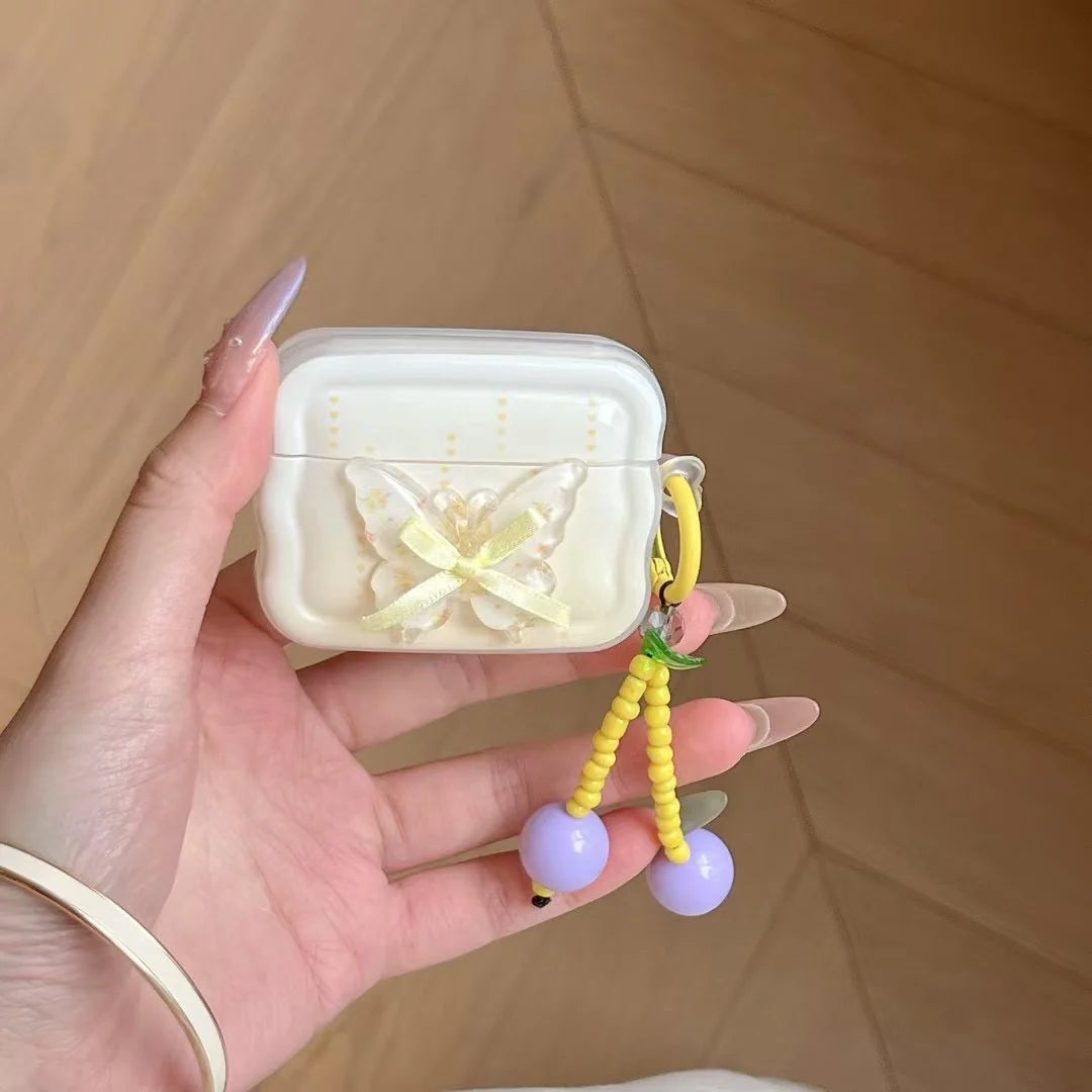 Aesthertic Butterfly AirPods Case With Cute Beaded Cherry Keychain