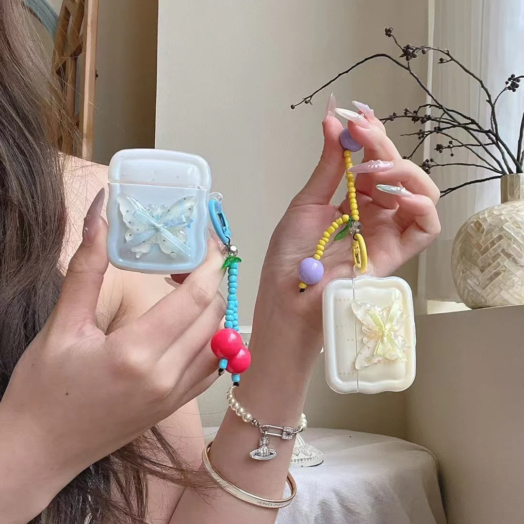 Aesthertic Butterfly AirPods Case With Cute Beaded Cherry Keychain