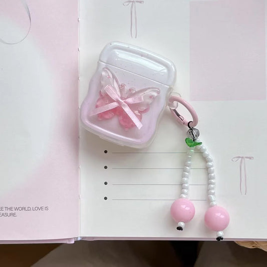 Aesthertic Butterfly AirPods Case With Cute Beaded Cherry Keychain