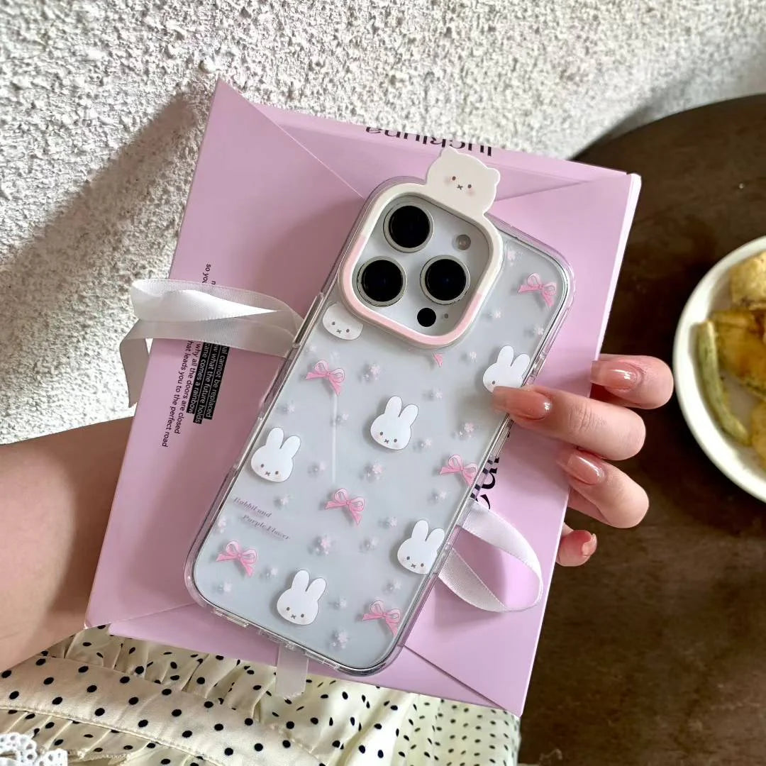 Cute Bunny & Pink Bow Clear Phone Case with 3D Camera Charm
