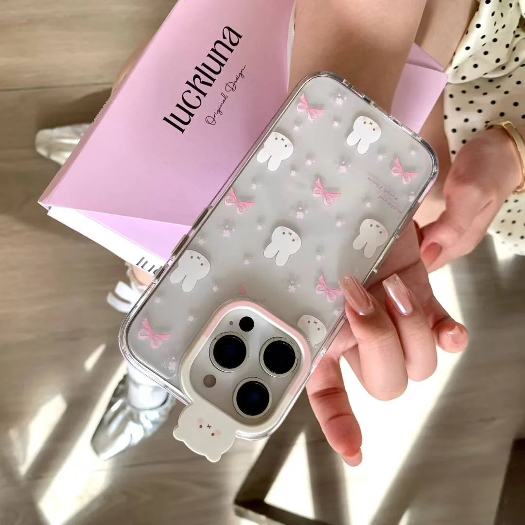 Cute Bunny & Pink Bow Clear Phone Case with 3D Camera Charm