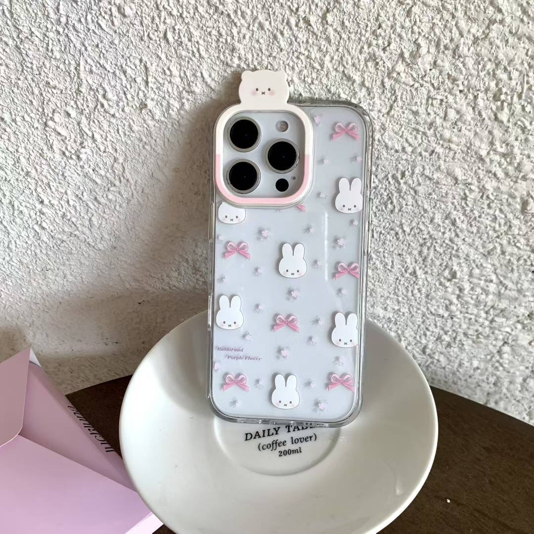 Cute Bunny & Pink Bow Clear Phone Case with 3D Camera Charm