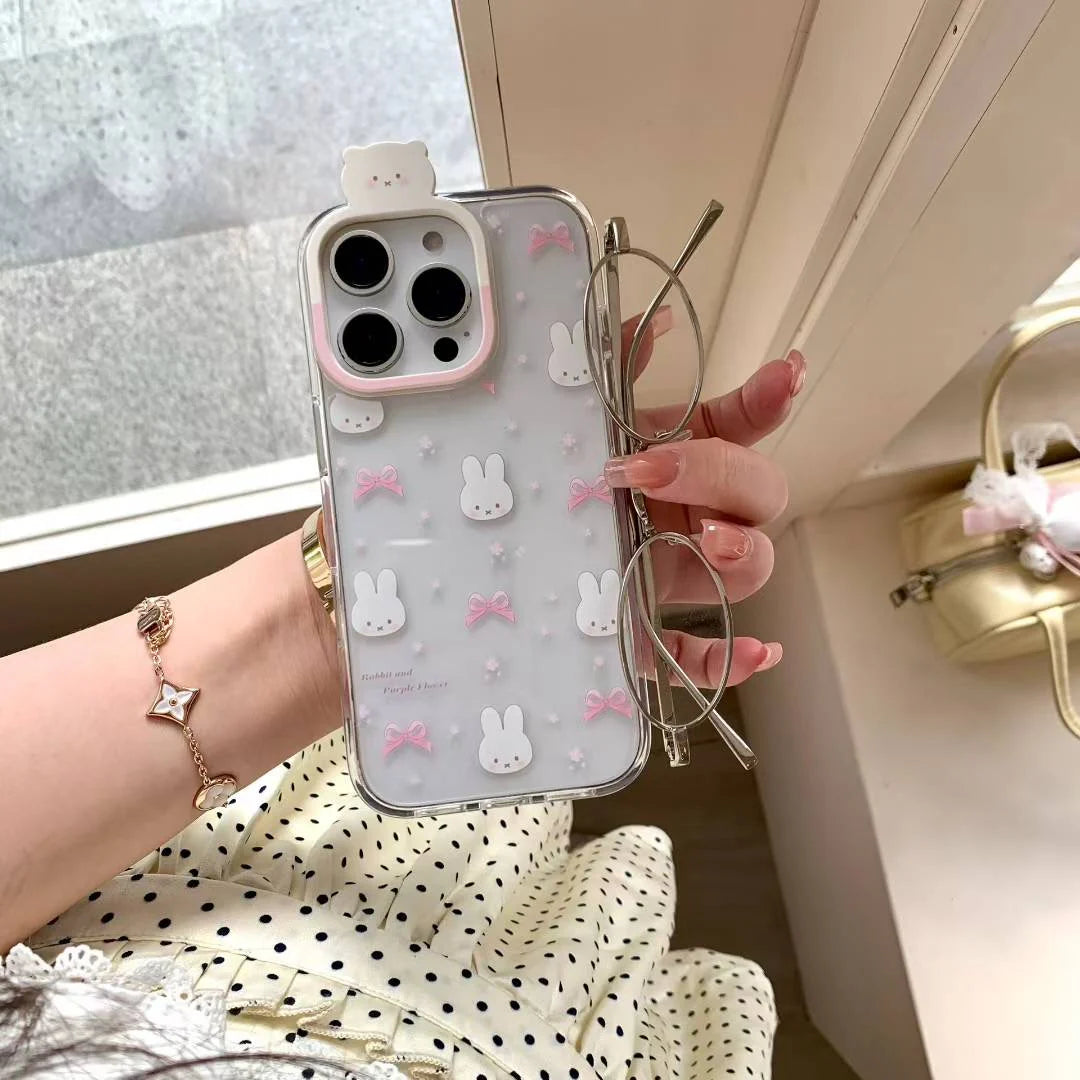 Cute Bunny & Pink Bow Clear Phone Case with 3D Camera Charm